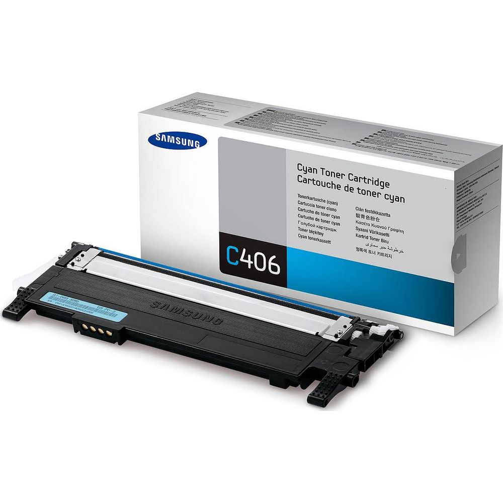 Cartuccia toner ciano Samsung C406 con confezione.