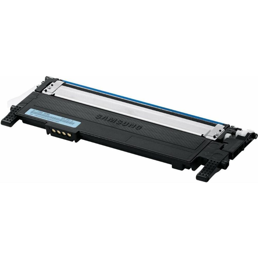 Un toner Samsung nero con banda blu e parti metalliche.