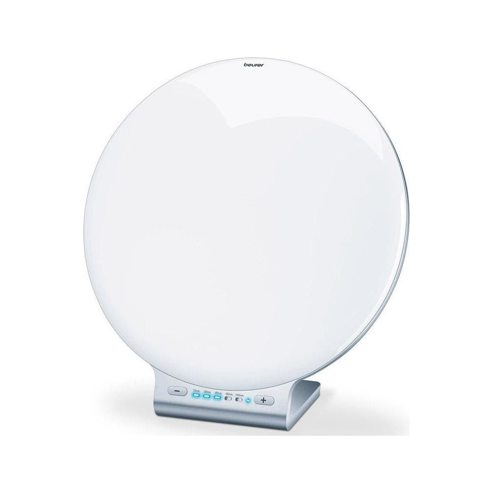 A round white daylight lamp with a silver base and control buttons.