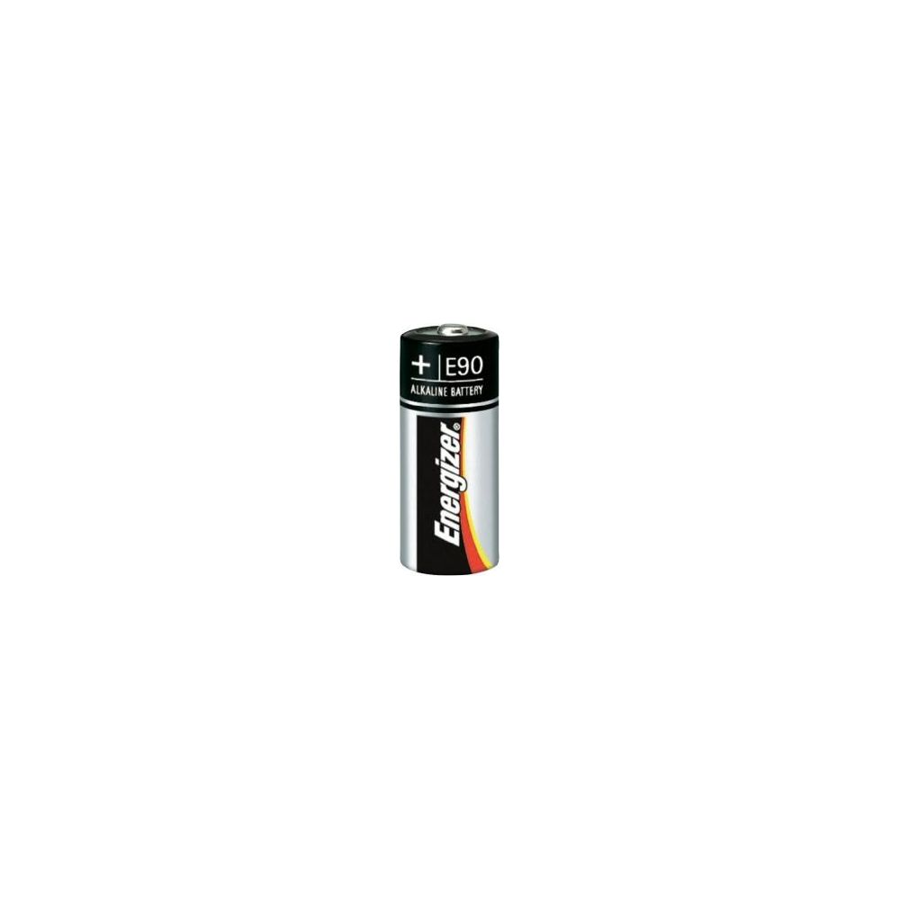 Eine einzelne Energizer E90 Alkaline-Batterie mit schwarzer Kappe und silbernem Körper.