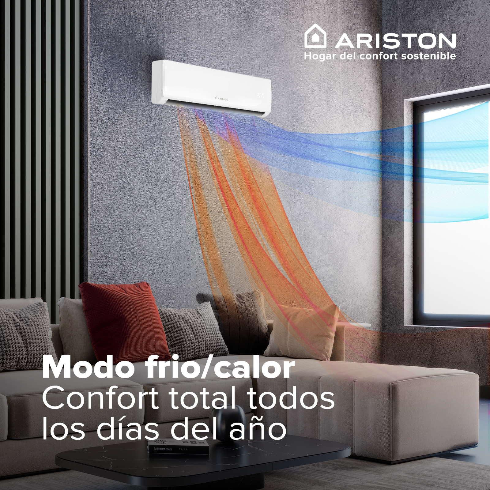 Un aire acondicionado Ariston emite aire frío y caliente sobre un sofá.