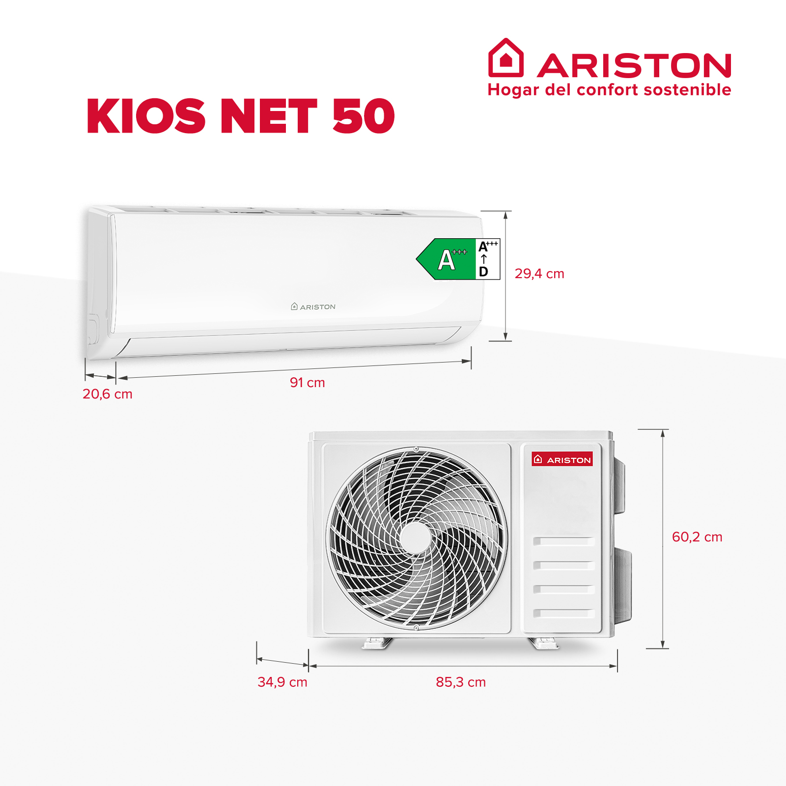 Aire acondicionado Ariston blanco, unidades interior y exterior con medidas.