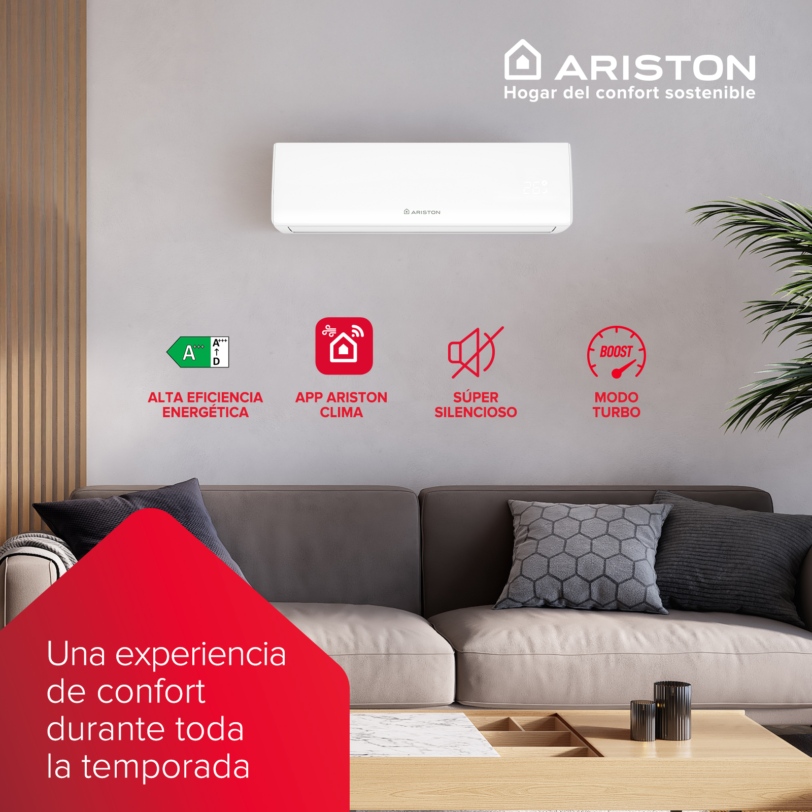 Un aire acondicionado blanco sobre un sofá con iconos de eficiencia energética, app, modo silencioso y turbo.