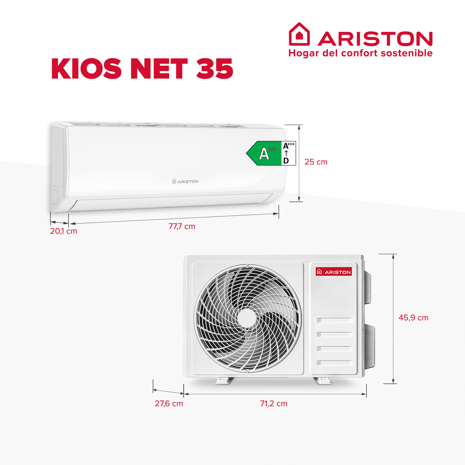 Aire acondicionado Ariston Kios Net 35: unidades interior y exterior con medidas.