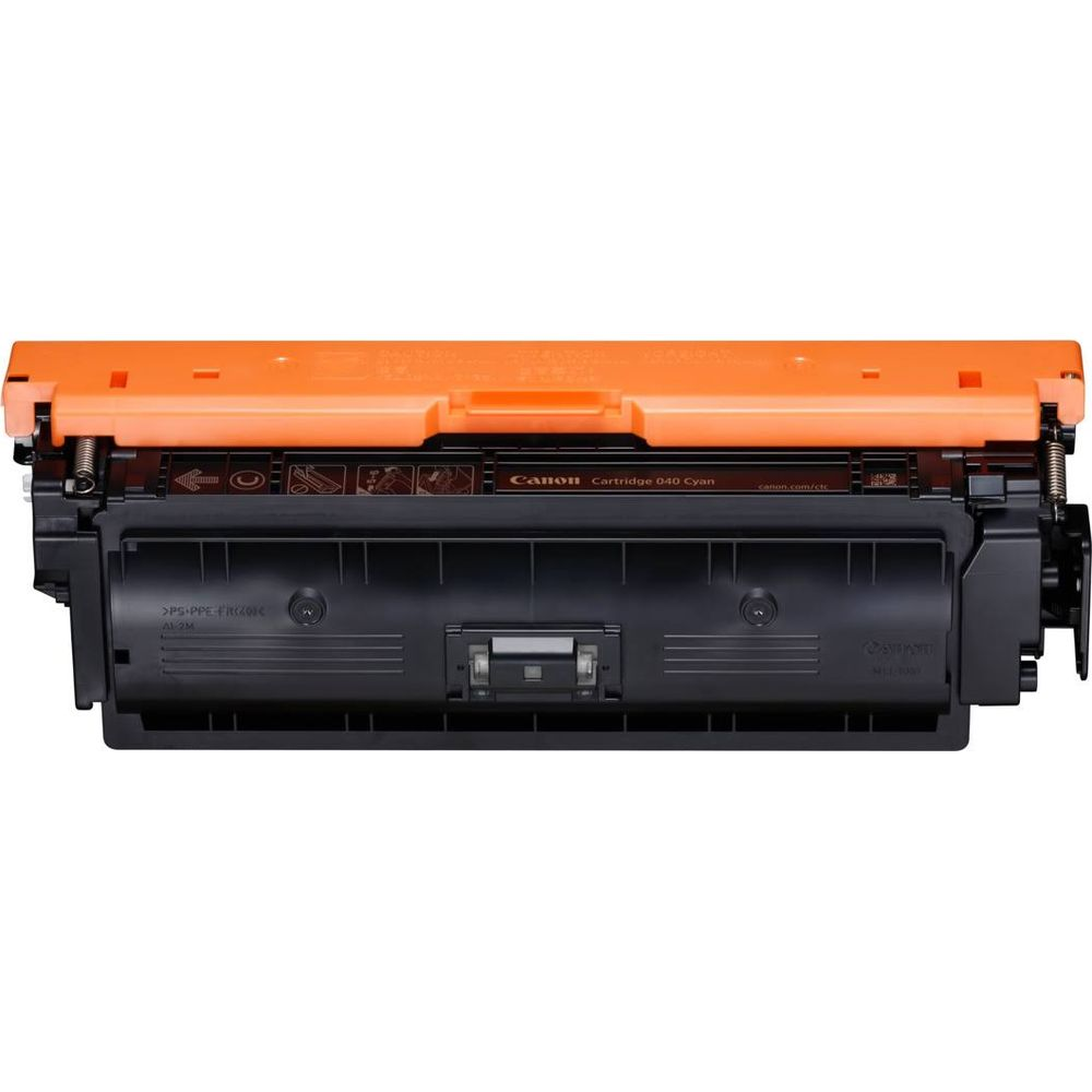 Orange and black Canon 040 Cyan toner cartridge.