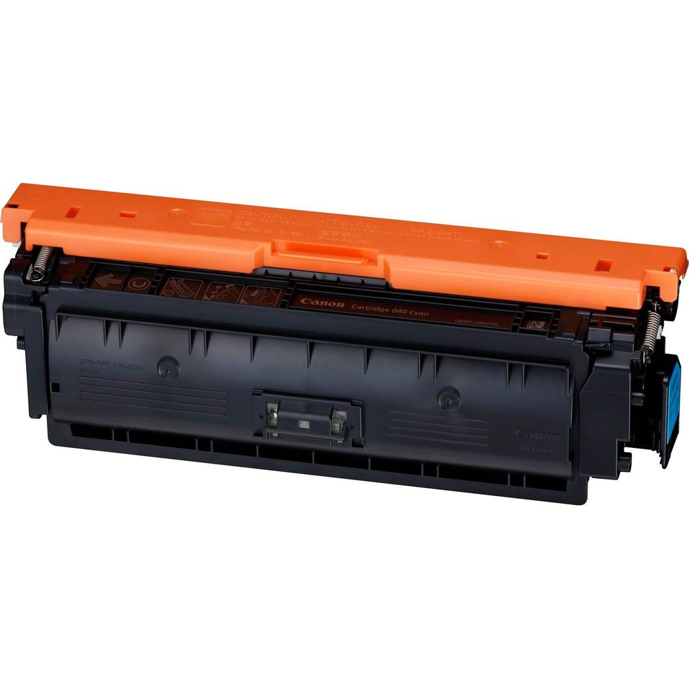 Black Canon toner cartridge with orange top. Cyan ink label visible.