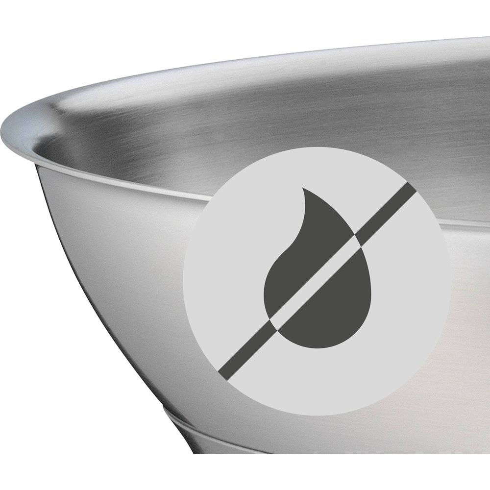 Edelstahlschüssel mit einem Symbol für "nicht entflammbar".
