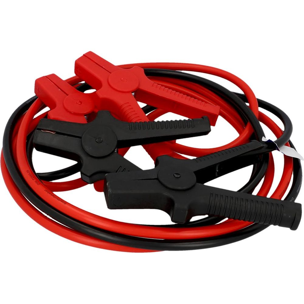 Rote und schwarze Überbrückungskabel mit roten und schwarzen Klemmen.