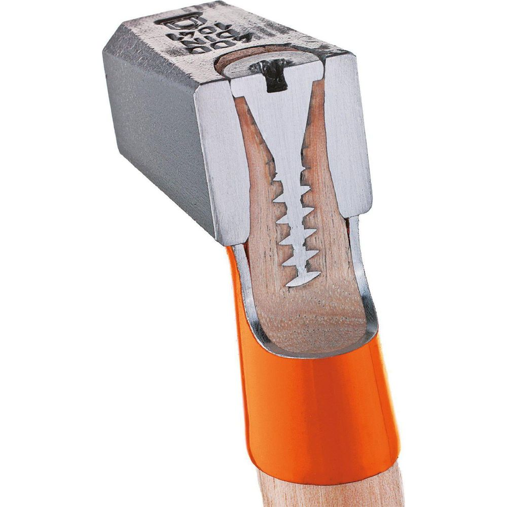 Primer plano de un martillo con mango naranja e inserto de madera.