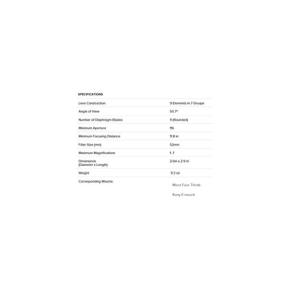 Specyfikacje: Konstrukcja obiektywu, kąt widzenia, listki przysłony, przysłona, minimalna odległość ostrzenia, rozmiar filtra, powiększenia, wymiary, waga, mocowania.