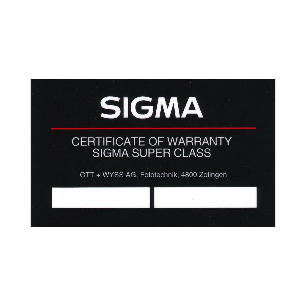 Certyfikat gwarancyjny SIGMA z adresem firmy i pustymi polami.