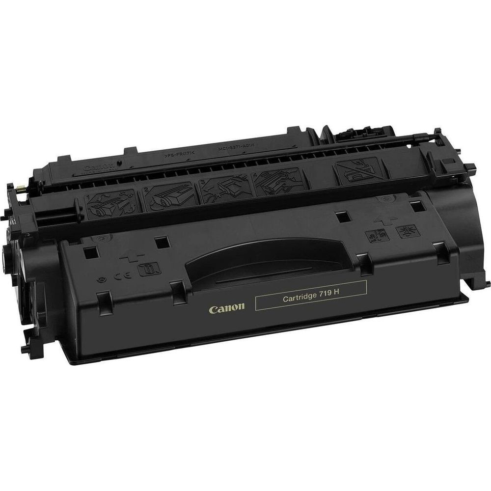 Siyah Canon 719 H toner kartuşu, beyaz arka planda.