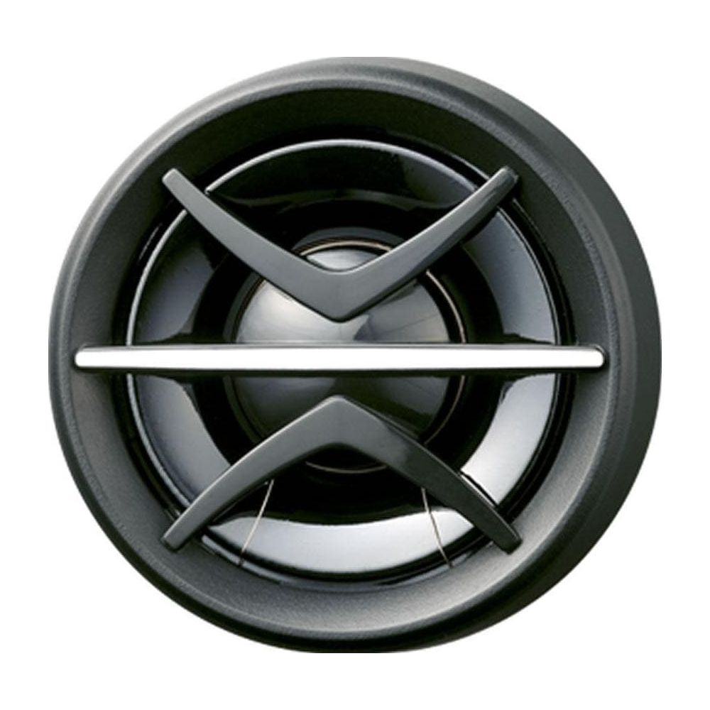 Grille de haut-parleur ronde noire avec un accent argenté.