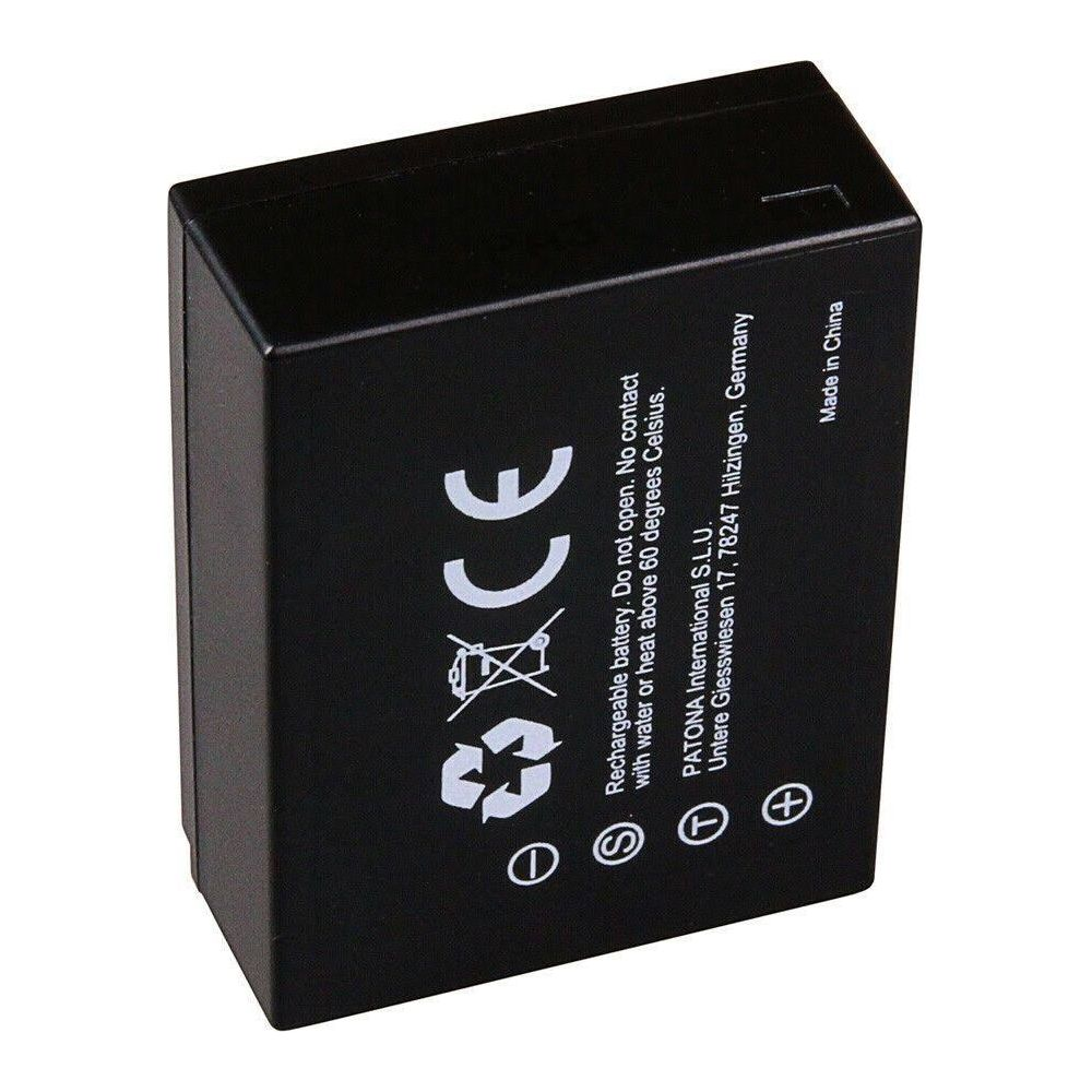 Batteria nera con marchio CE, simbolo di riciclo e testo di avvertenza.