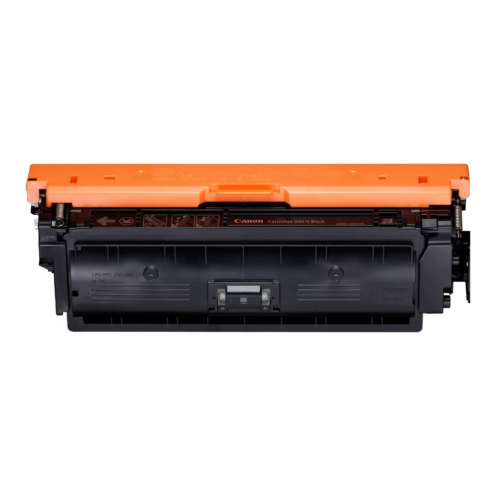 Cartuccia toner Canon 040 H nera con parte superiore arancione. Sfondo bianco.