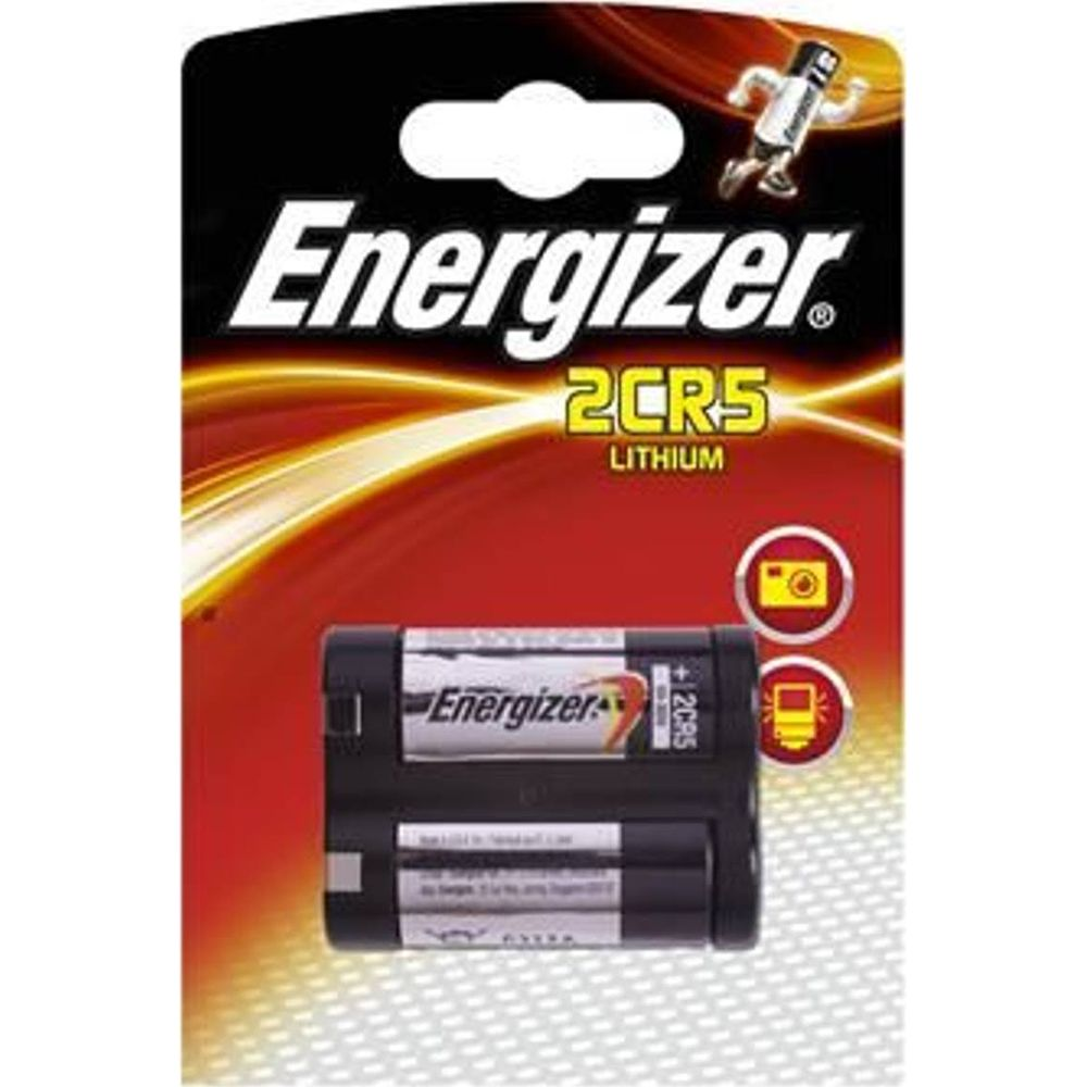 Baterie litowe Energizer 2CR5 w blistrze z ikonami aparatu i lampy błyskowej.