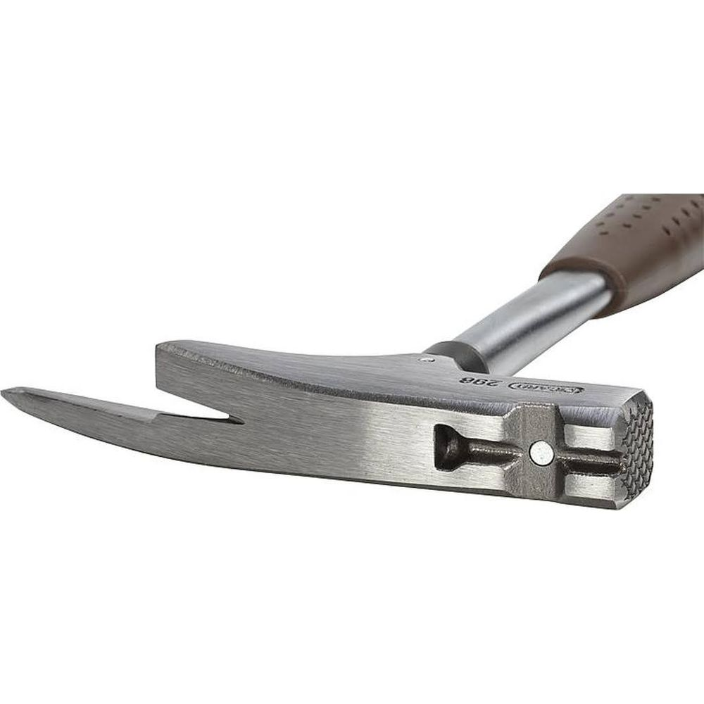 Ein Krallenhammer mit einem Metallkopf und einem braunen Griff.
