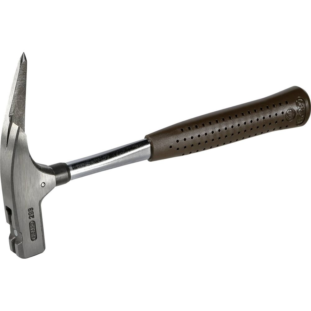 Ein Geologenhammer mit einem Metallkopf und einem braunen Griff mit Lochmuster.