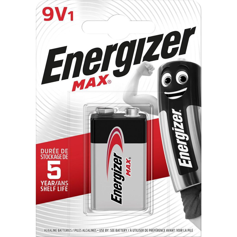 Energizer 9V Batterie-Verpackung mit einer Batterie und detaillierter Beschreibung.