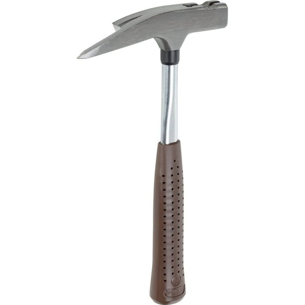 Ein Geologenhammer mit spitzem und flachem Ende und braunem Griff.