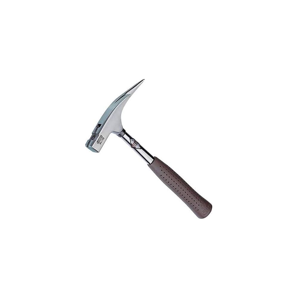 Ein Geologenhammer mit braunem Griff und einem spitzen und einem flachen Ende.