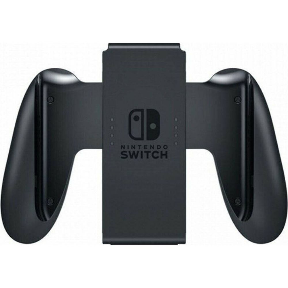 Czarny uchwyt do Nintendo Switch z logo pośrodku.