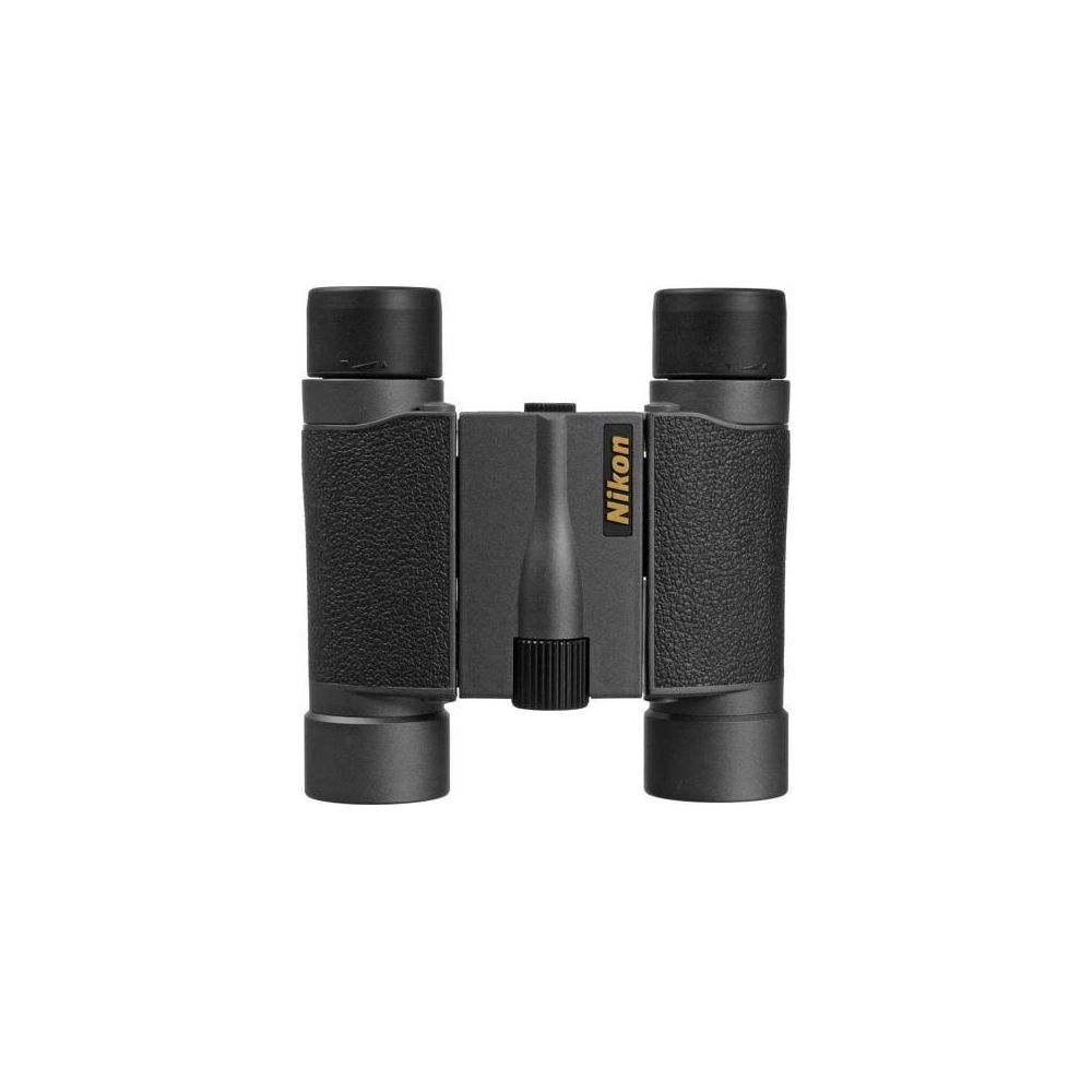 Binocolo Nikon nero con logo stampato al centro.