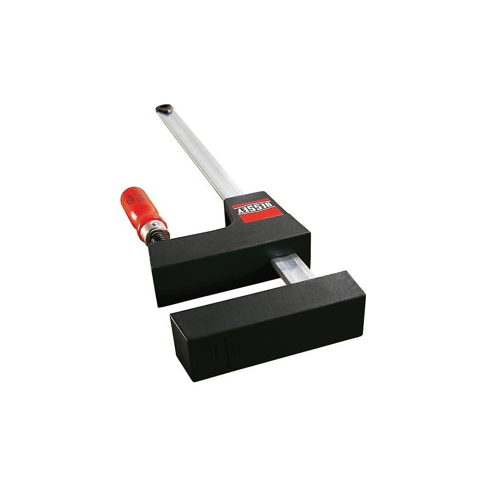 Ein schwarzer Bessey-Schraubzwinge mit rotem Griff und silbernem Schlitten.