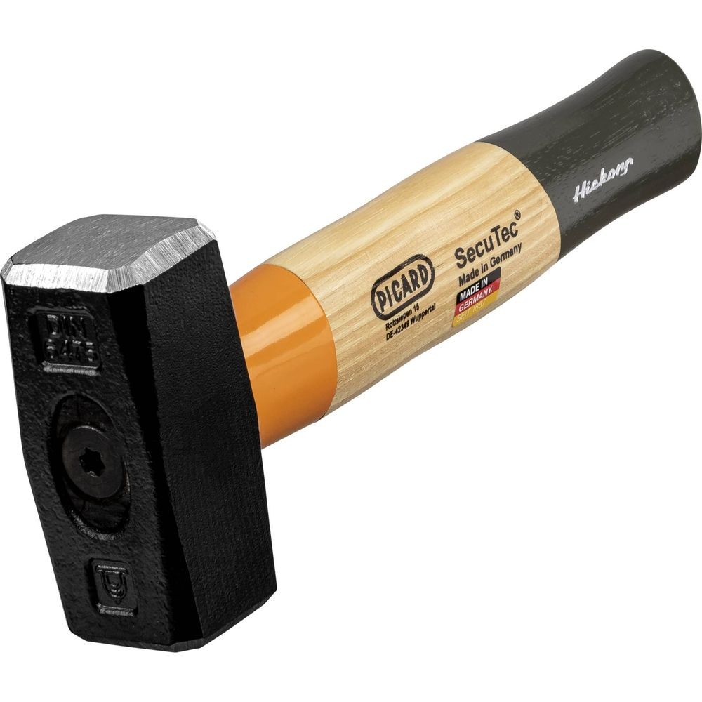 Un martillo pesado con mango de madera y cabeza negra. Etiquetas: Picard, SecuTec, Made in Germany.
