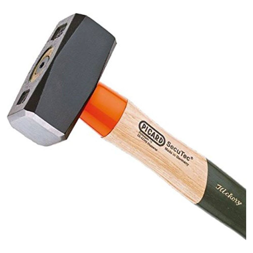 Un mazo pesado con cabeza negra, mango de madera y collarín naranja.