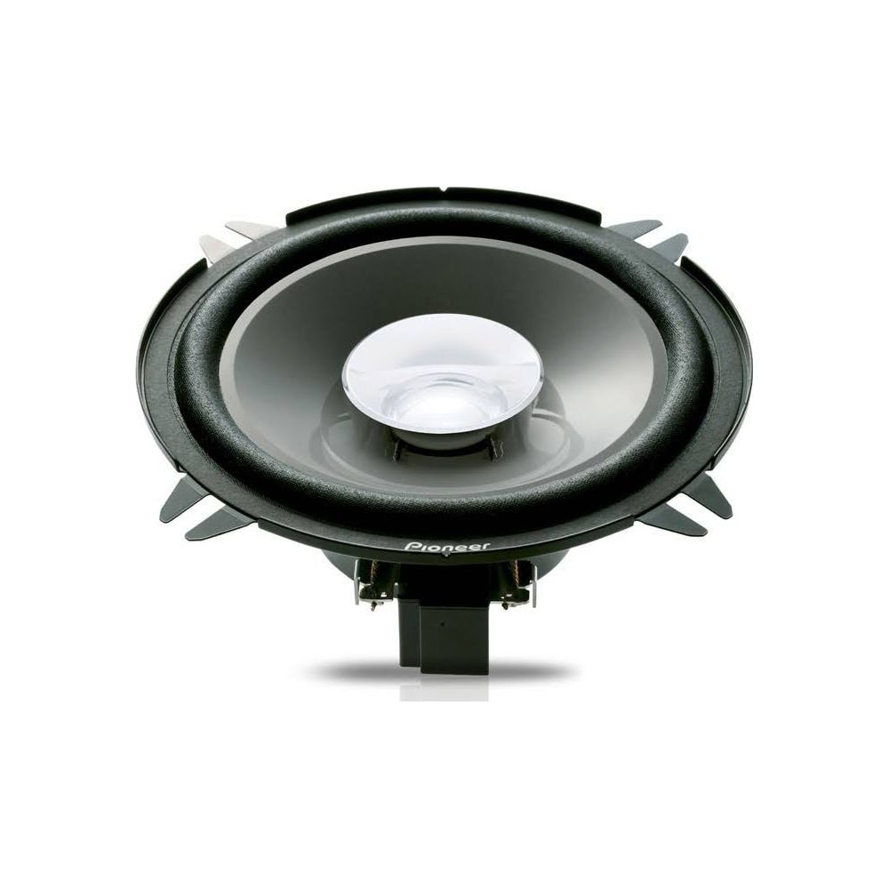 Un haut-parleur Pioneer rond avec contour noir et centre argenté.