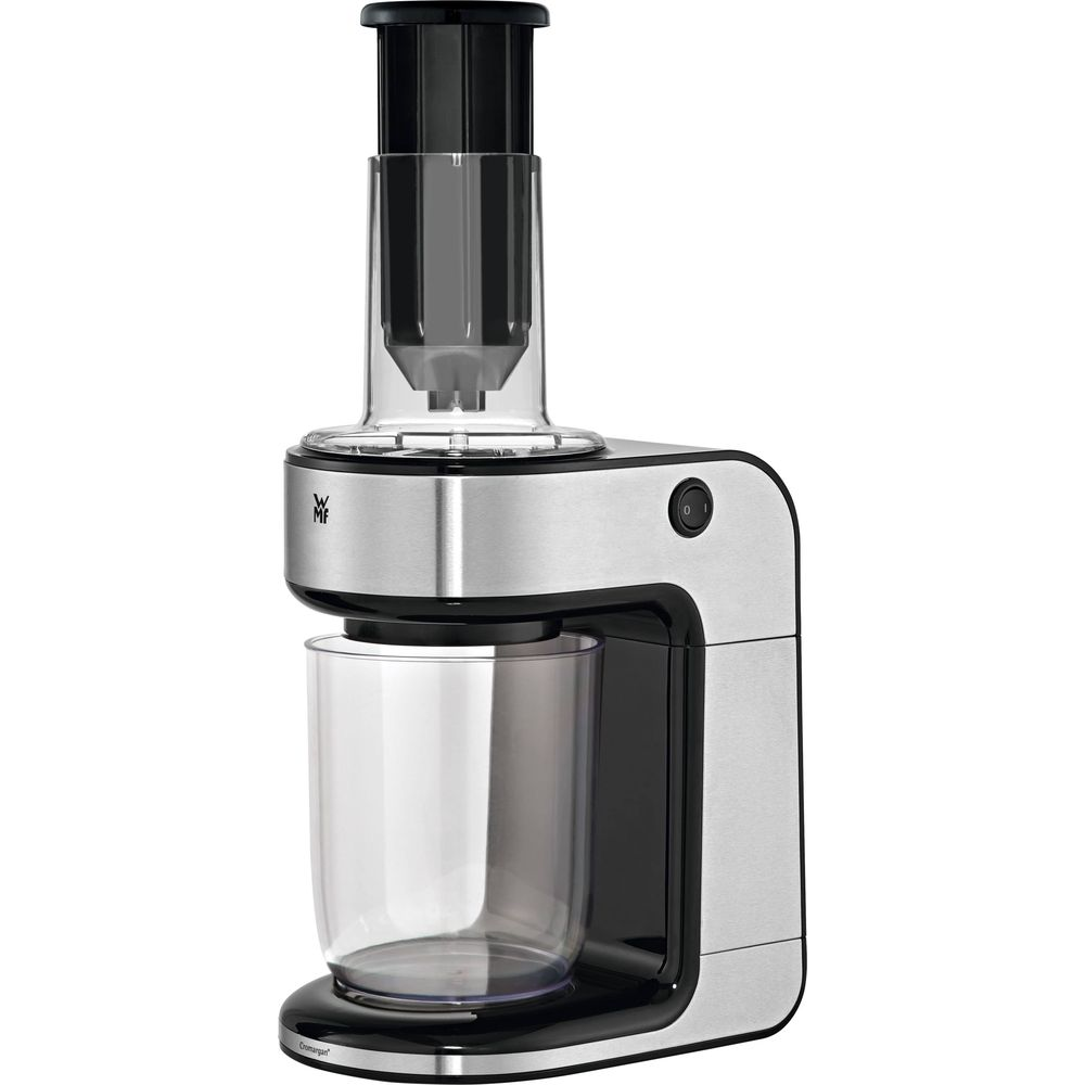 Edelstahl-Küchenmaschine mit transparentem Auffangbehälter und schwarzem Oberteil.