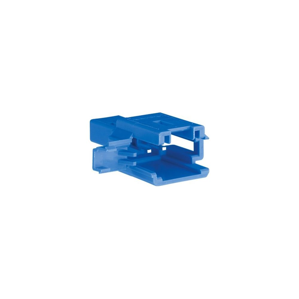 Un connecteur bleu en plastique sur fond blanc.
