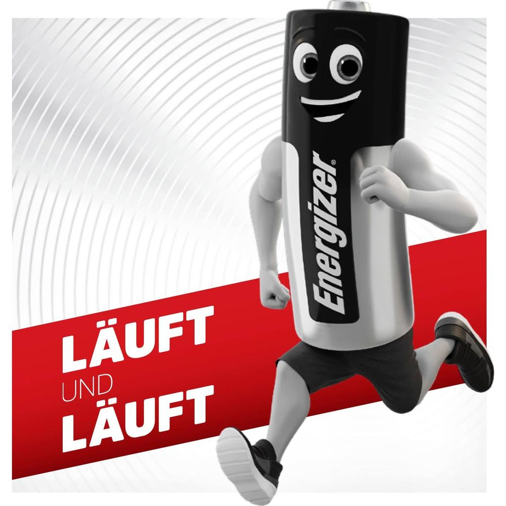 Bateria Energizer z rękami i nogami biegnie, z niemieckim tekstem.