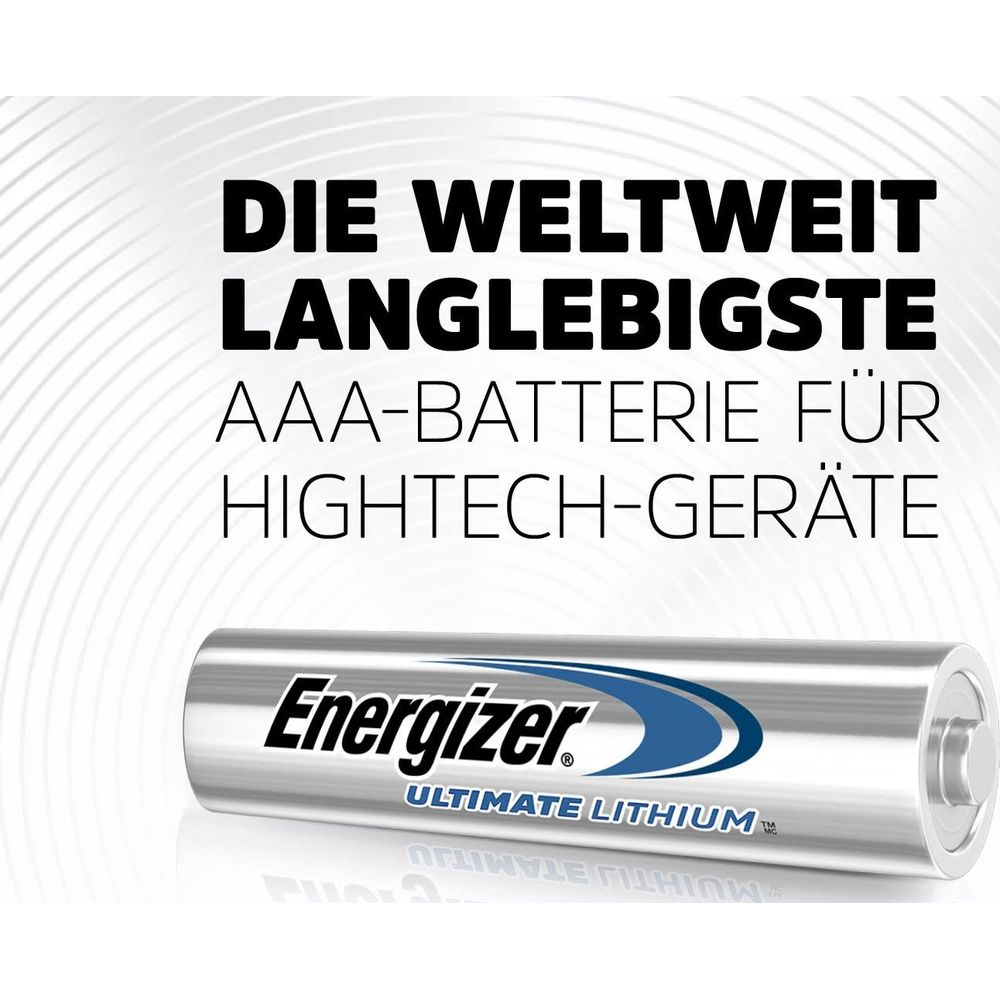 Energizer AAA Ultimate Lithium Batterie, silber, mit Text.