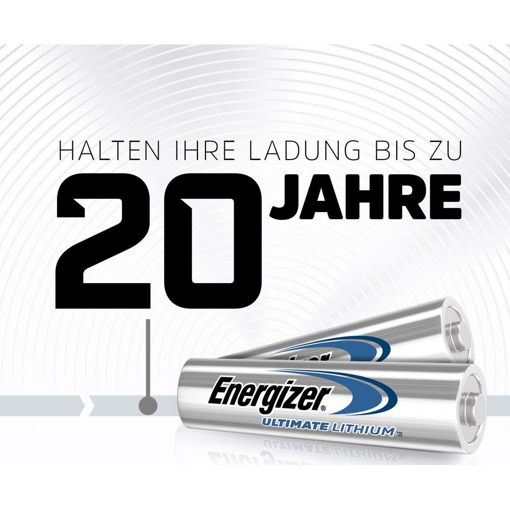 Zwei Energizer Ultimate Lithium Batterien halten bis zu 20 Jahre.