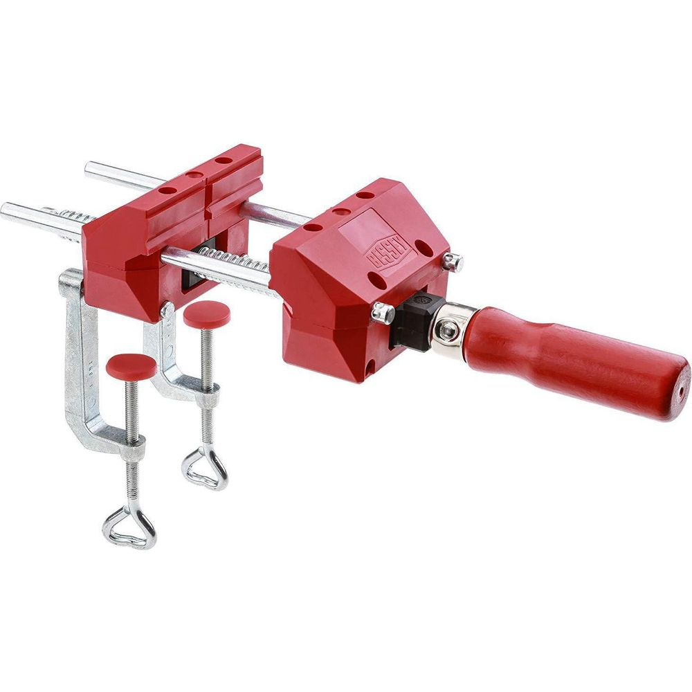 Ein roter Bessey-Klemmbock mit silbernen Stangen und Griff.