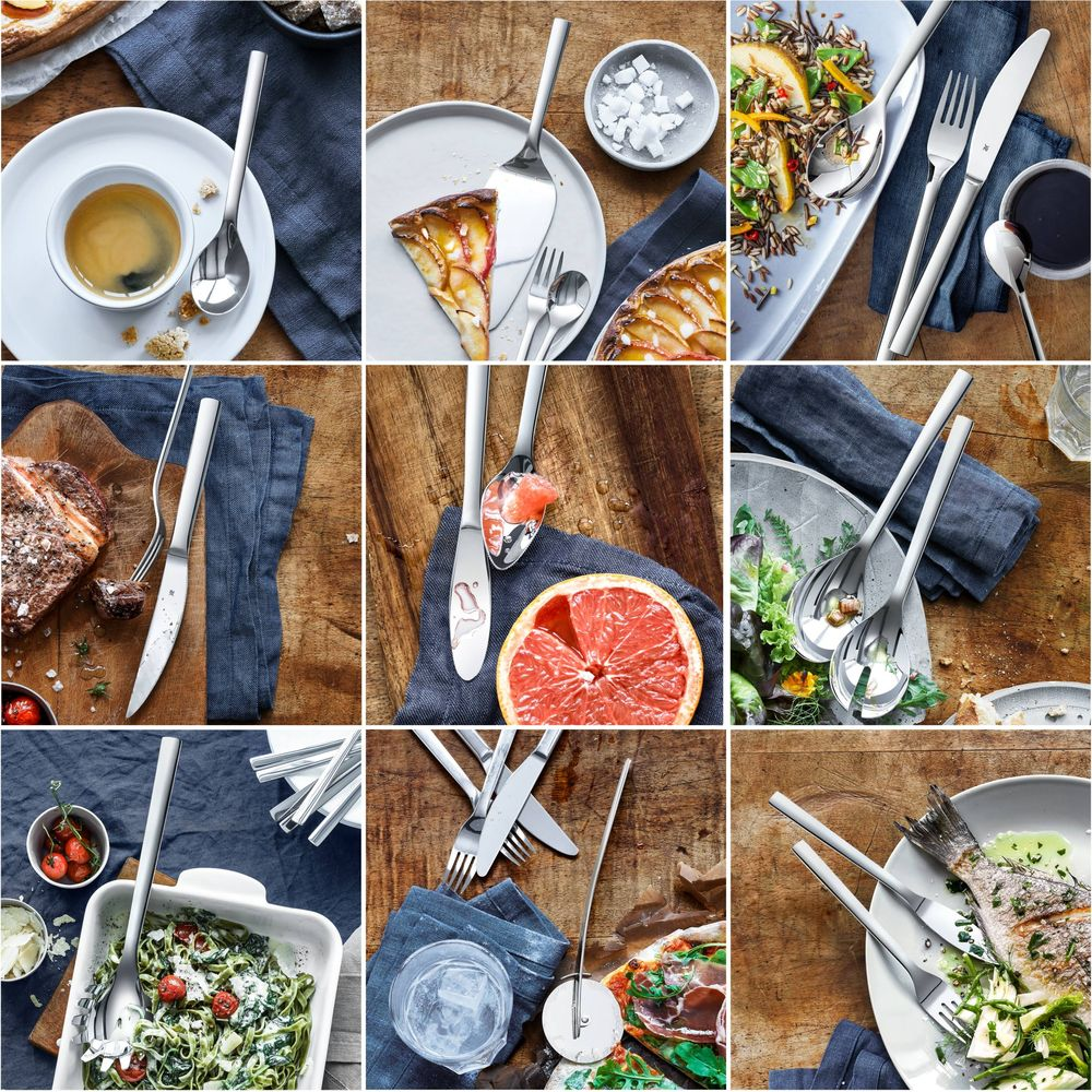 Collage mit Essen und Besteck: Kaffee, Kuchen, Salat, Fleisch, Fisch und Pasta.