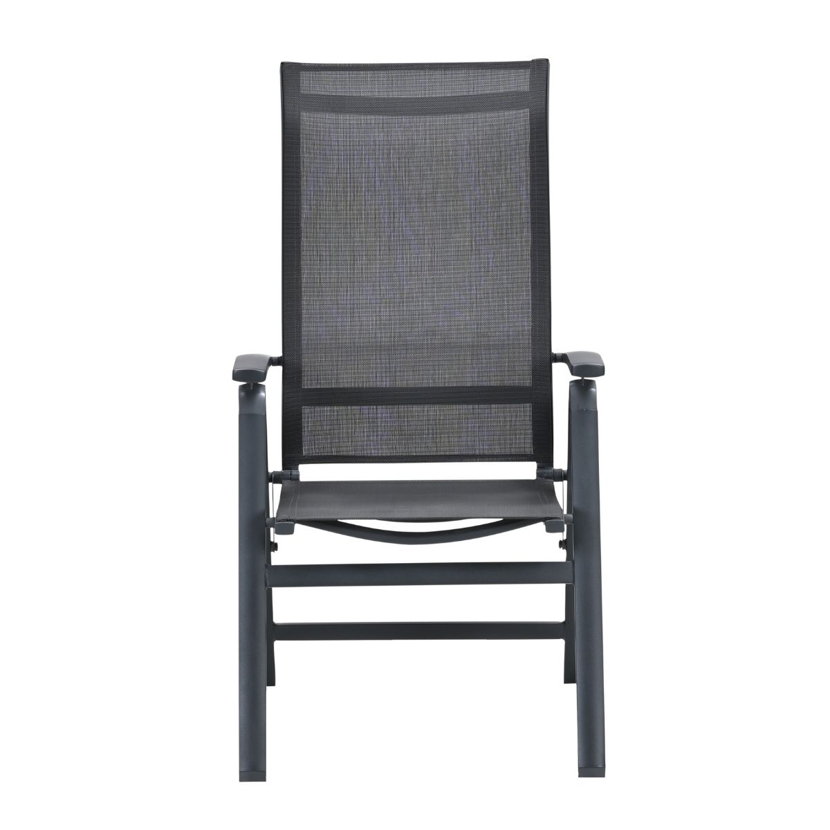 Een grijze, moderne buitenstoel met een mesh rug- en zitgedeelte.