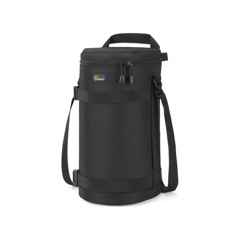 Sac cylindrique noir avec poignée et bandoulière.