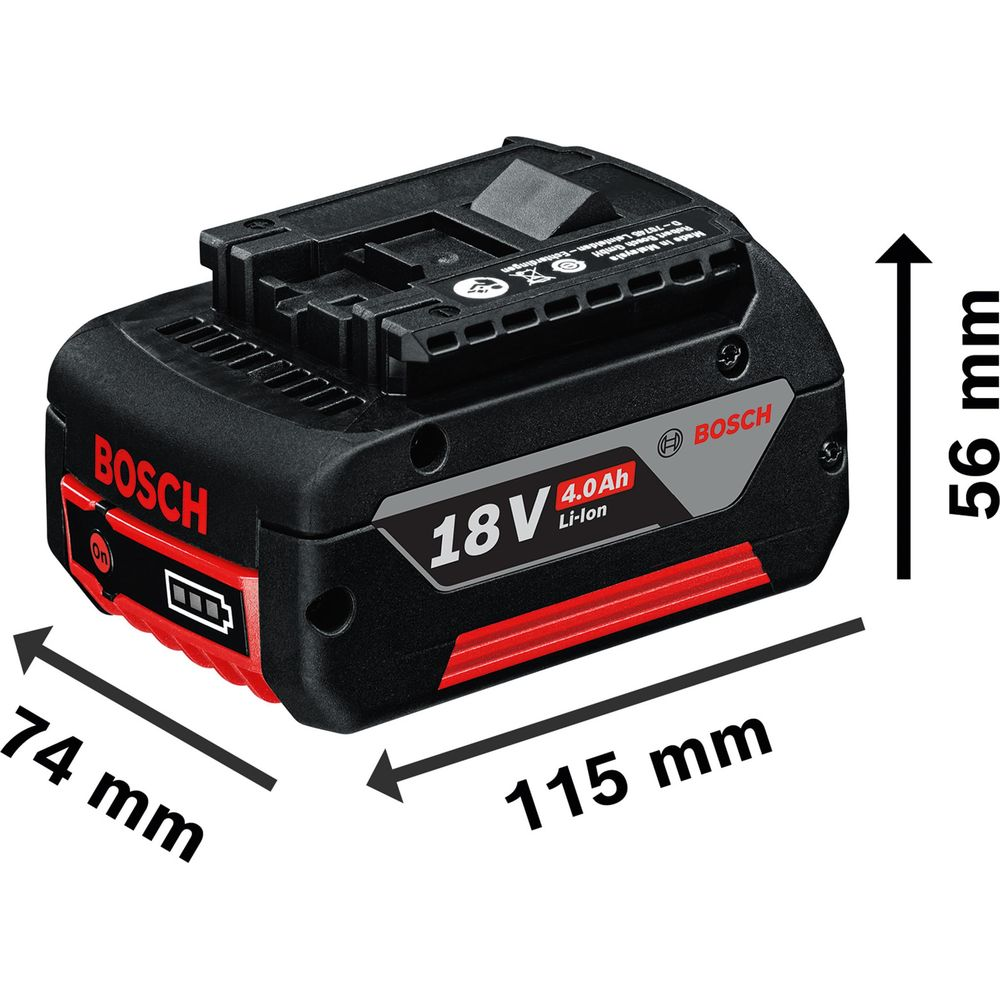 Batteria nera Bosch 18V 4.0Ah Li-Ion con accenti rossi. Dimensioni: 115x74x56mm.