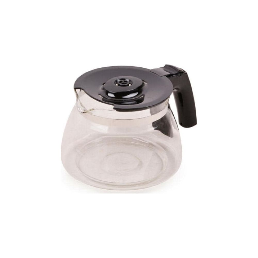 Caraffa in vetro per caffè con coperchio e manico neri.
