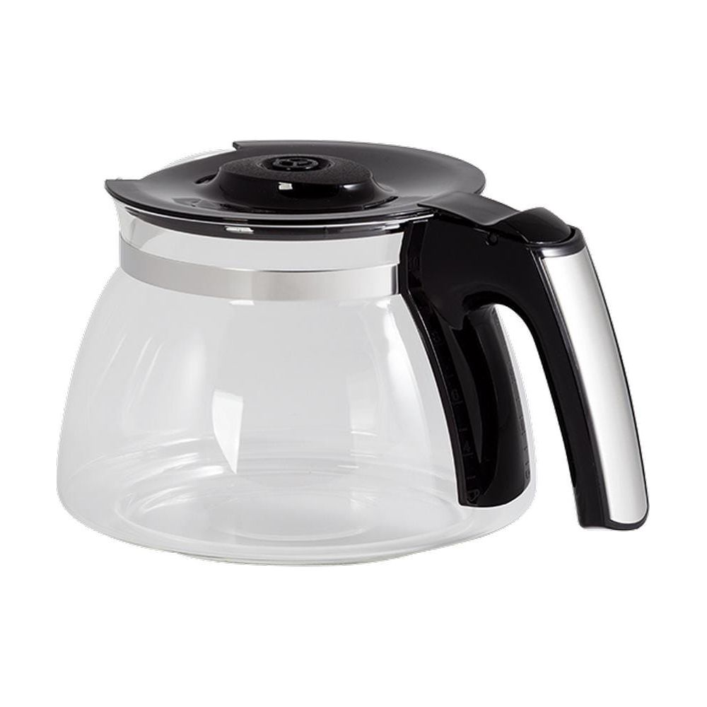 Caraffa caffè in vetro con coperchio e manico neri, accenti argento.