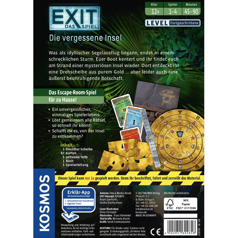 Das EXIT Spiel 'Die vergessene Insel' mit Spielbrett, Karten und Anleitung.