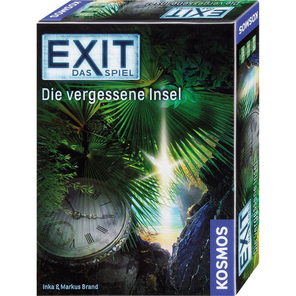 Brettspielbox mit Uhr und Dschungelmotiv, Titel: EXIT Die vergessene Insel.