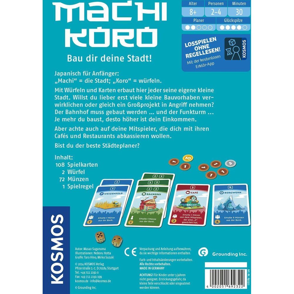 Dos de la boîte du jeu Machi Koro avec infos et cartes.