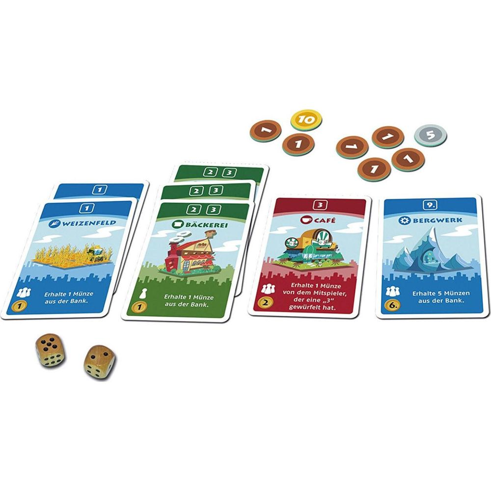 Cartes de jeu : Champ de blé, Boulangerie, Café, Mine. Pièces et dés à côté.