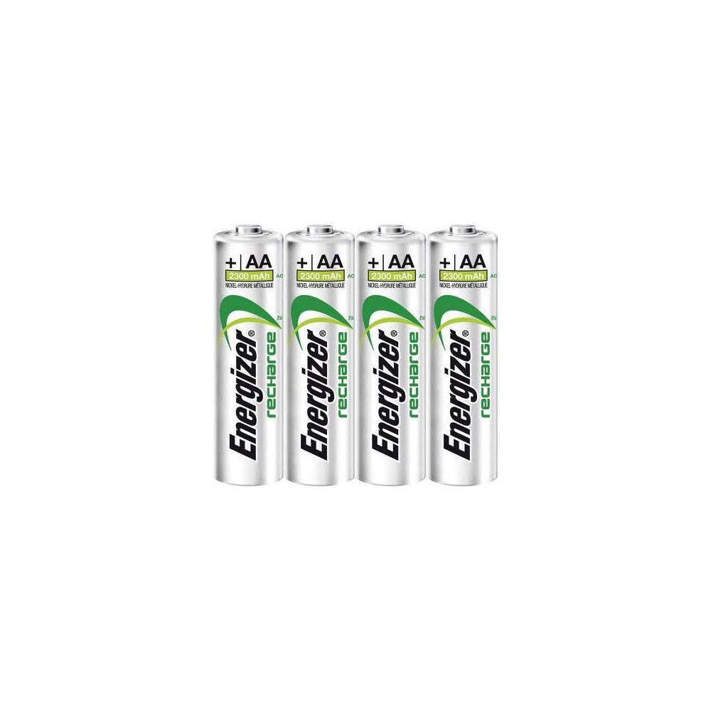 Cztery baterie AA Energizer stoją obok siebie, z etykietą '2300 mAh'.