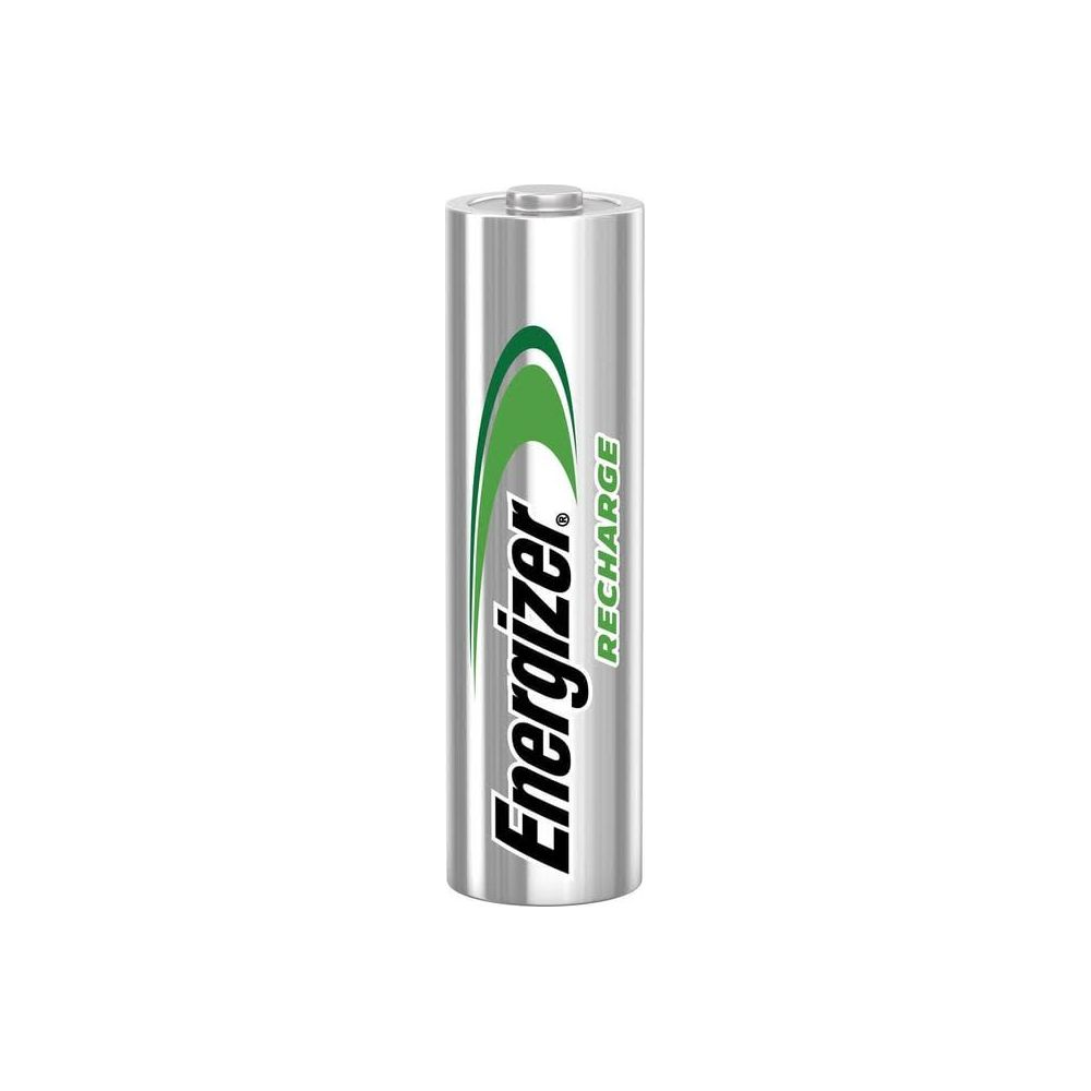 Srebrna bateria Energizer z zielonym logo i napisem 'RECHARGE'.