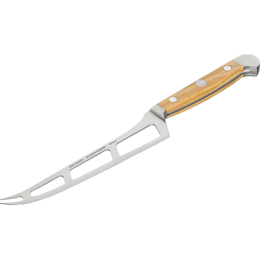 Ein Käsemesser mit Holzgriff und ovalen Ausschnitten in der Klinge.
